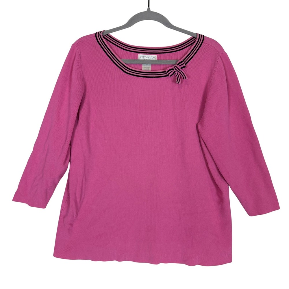 Worthington Sweater Womens 2X Pink Boat Neck Bow Trim 3/4 Sleeve Pullover